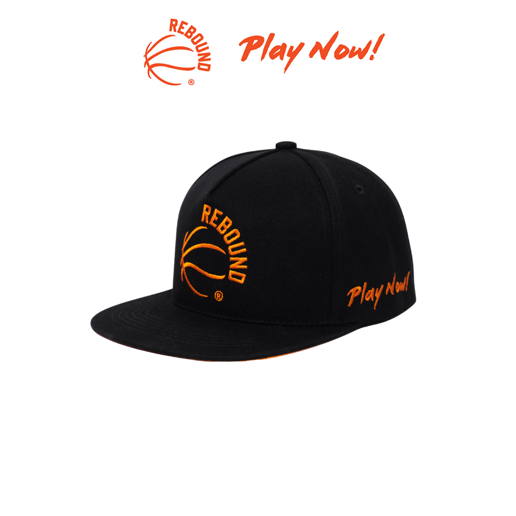 Nón Snapback REBOUND - Play Now đen Logo cam thêu sắc nét Khóa bấm kim loại chắc chắn Free size