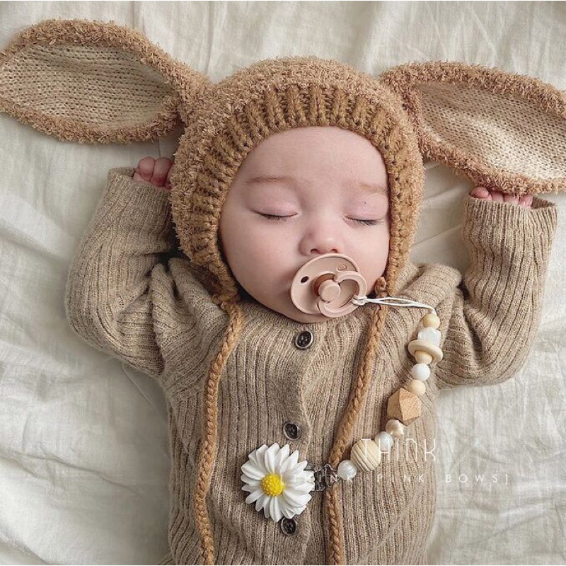 Mũ nón len bông xù tai thỏ dài đáng yêu cho bé 5m-3y