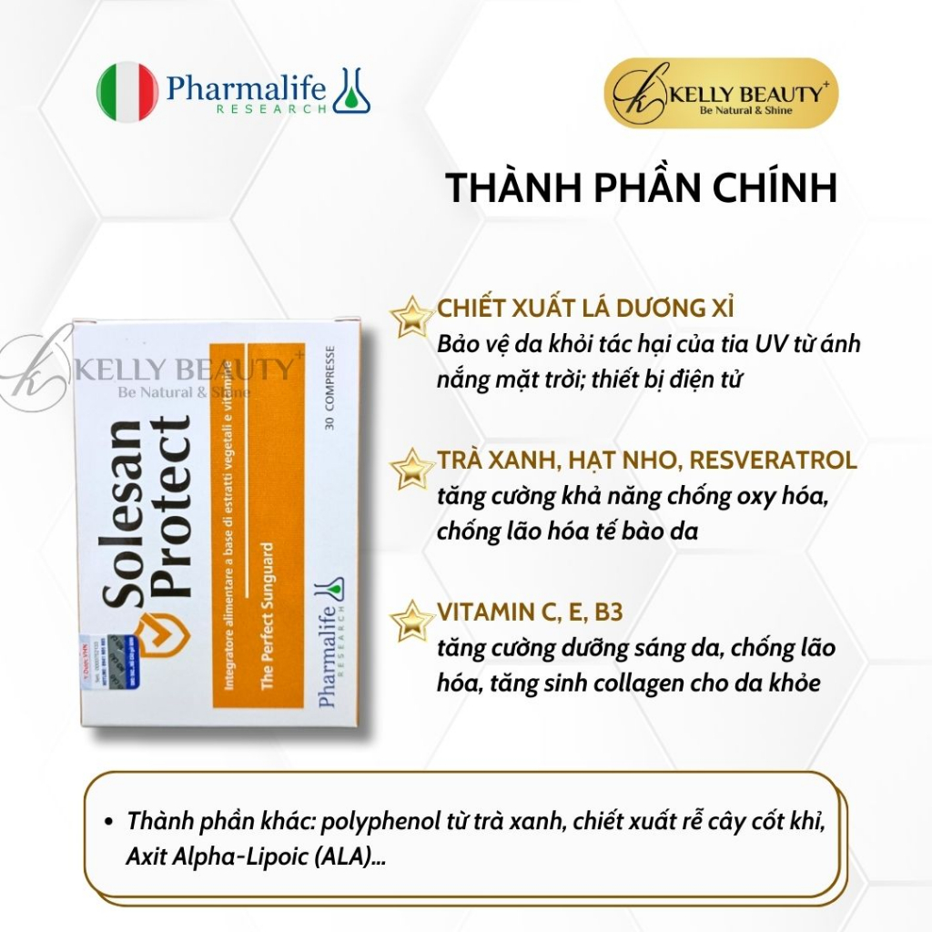 Viên Uống Chống Nắng Solesan Protect Pharmalife - Chống Nắng Nội Sinh, Làm Sáng Da, Hỗ Trợ Da Nám Sạm | Kelly Beauty