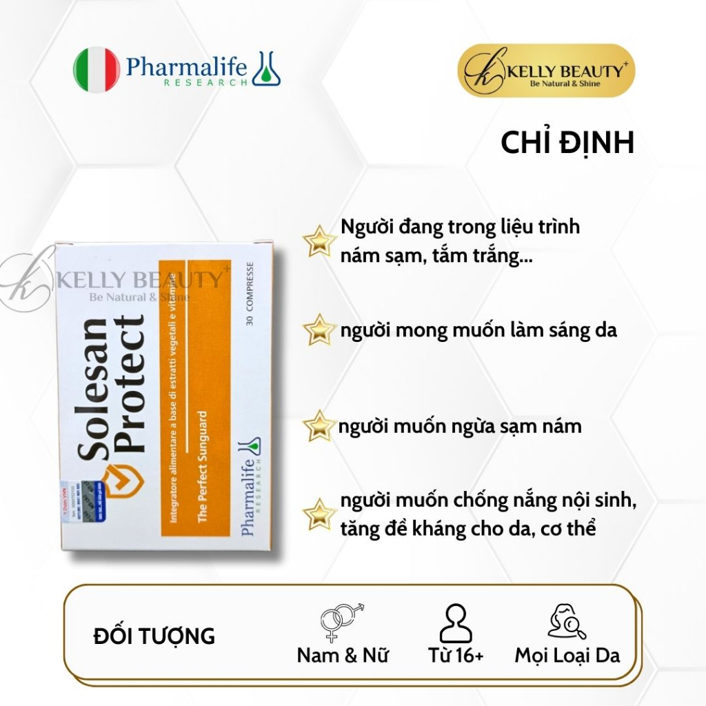 Viên Uống Chống Nắng Solesan Protect Pharmalife - Chống Nắng Nội Sinh, Làm Sáng Da, Hỗ Trợ Da Nám Sạm | Kelly Beauty