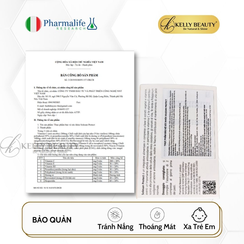 Viên Uống Chống Nắng Solesan Protect Pharmalife - Chống Nắng Nội Sinh, Làm Sáng Da, Hỗ Trợ Da Nám Sạm | Kelly Beauty
