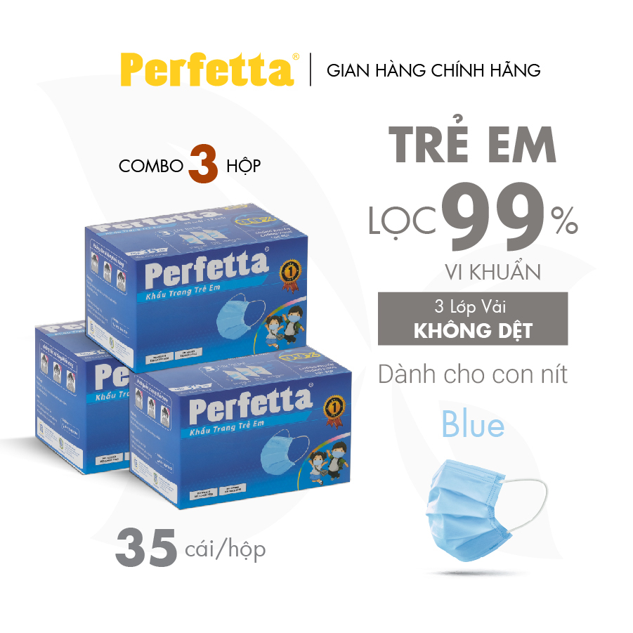 Combo 3 hộp khẩu trang 3 lớp Perfetta Trẻ Em Trắng/Xanh (35 Cái/Hộp)