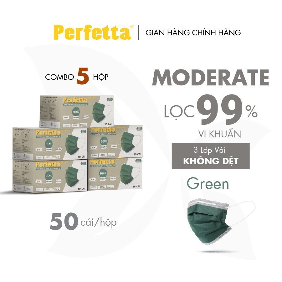 Combo 5 Hộp Khẩu Trang Y Tế Cao Cấp Perfetta Moderate 3 Lớp Kháng Khuẩn (50 cái/hộp)