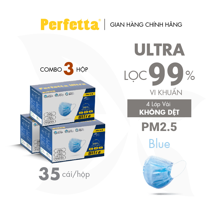 Combo 3 Hộp Khẩu Trang Y Tế Cao Cấp Perfetta Ultra 4 Lớp Kháng Khuẩn, Lọc Bụi Mịn PM 2.5 (35 cái/hộp)