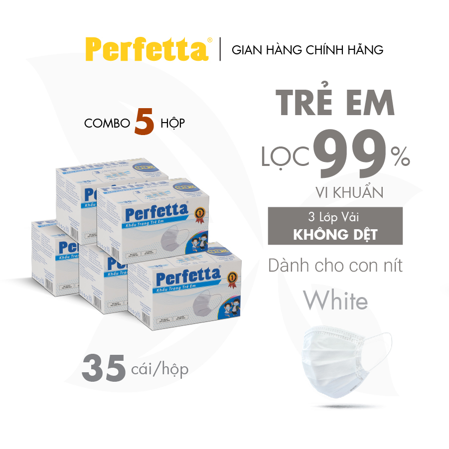 Combo 5 hộp khẩu trang 3 lớp Perfetta Trẻ Em Trắng/Xanh (35 Cái/Hộp)