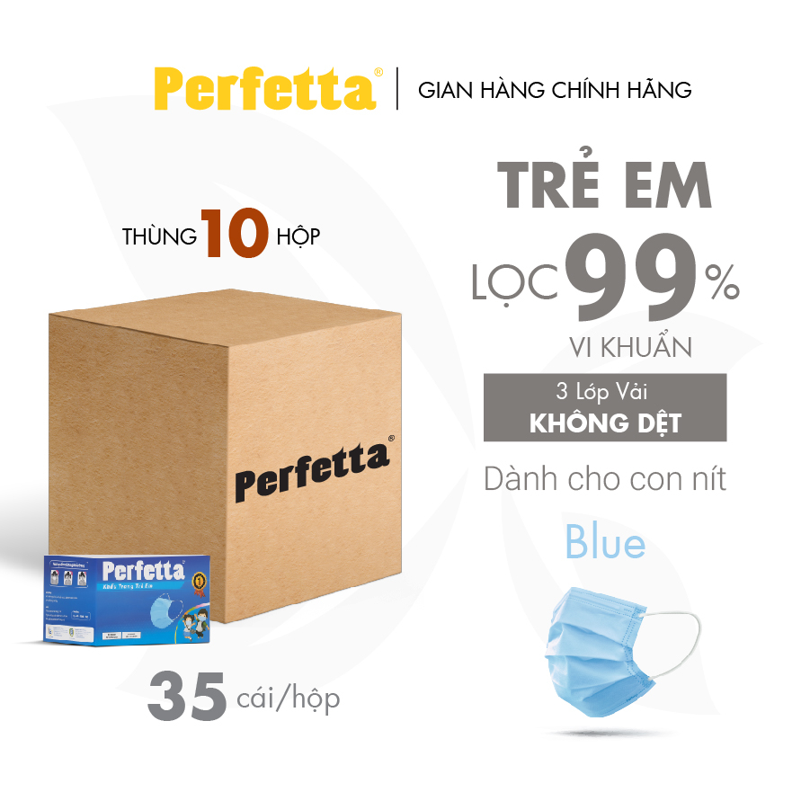 [THÙNG 350 cái] Khẩu trang 3 lớp Perfetta Trẻ Em Trắng/Xanh (35 Cái/Hộp)