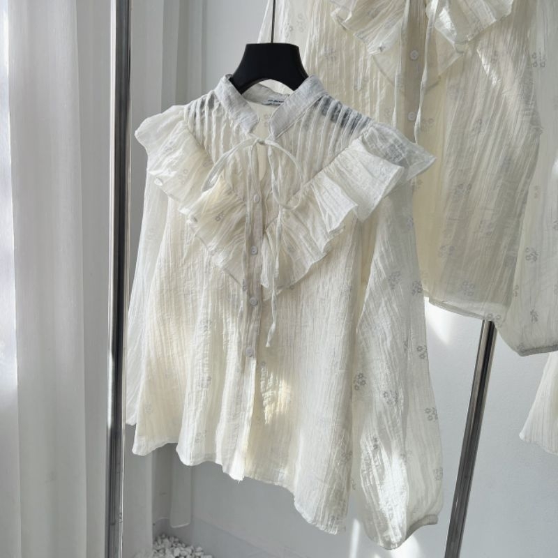 SET VÁY BE HOA TƠ BÈO yena.closet - Set đồ nữ 2 món áo sơ mi thiết kế cổ V vai bèo kèm chân váy xòe 2 lớp có lót ulzzang