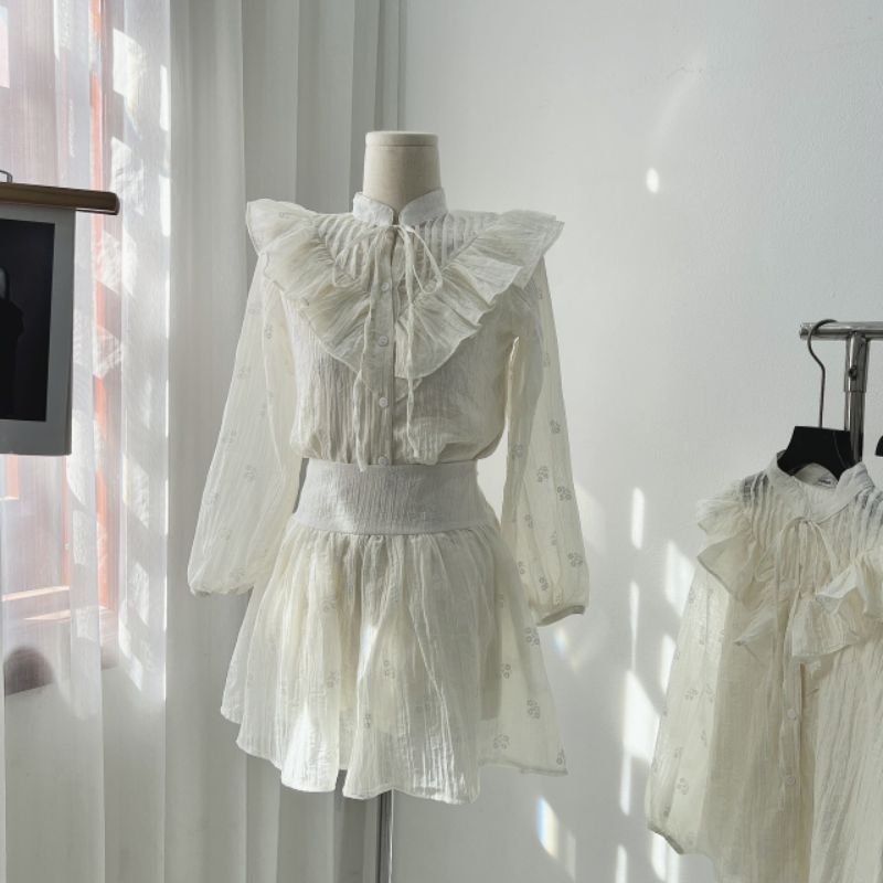 SET VÁY BE HOA TƠ BÈO yena.closet - Set đồ nữ 2 món áo sơ mi thiết kế cổ V vai bèo kèm chân váy xòe 2 lớp có lót ulzzang