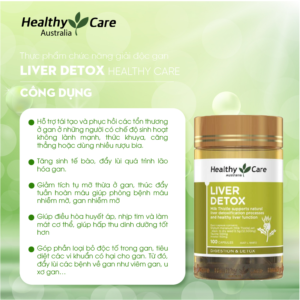 Giải độc gan Liver Detox Healthy Care thanh lọc thải độc bổ gan và làm mát gan 100 viên nhập khẩu Úc