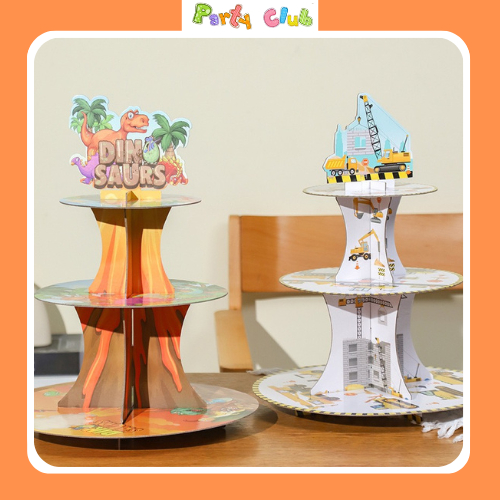 Kệ bánh cupcake 3 tầng hình khủng long, xe ô tô cho bé
