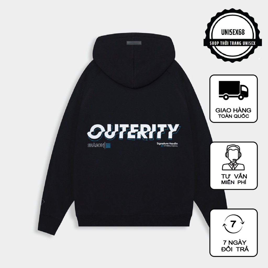 Áo khoác hoodie nam nữ Nỉ Bông Dày Outerity Signature Season 2022 / Màu Đen