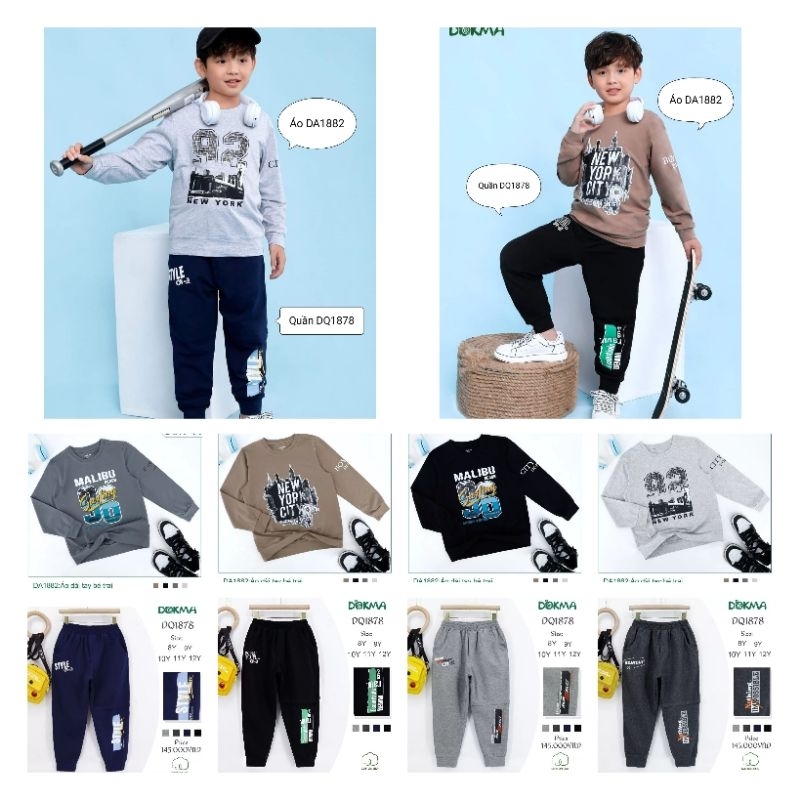 Áo, Quần bé trai cotton mỏng size đại Dokma 8-12Y