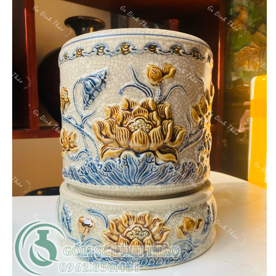 Bát hương / Bát nhang ĐK 14cm sen men rạn bát tràng