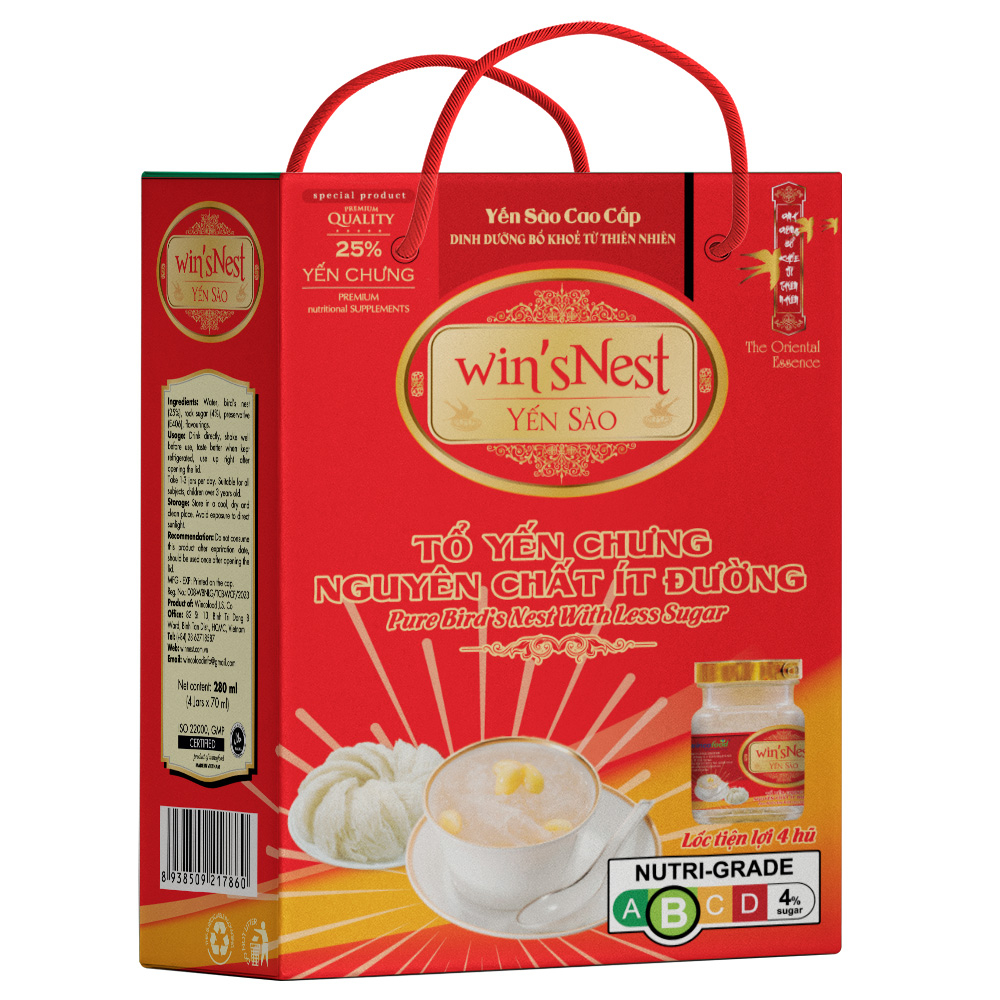 Yến Sào wins'Nest 25% tổ yến chưng nguyên chất ít đường (4 Lọ x 70 ml / Hộp)
