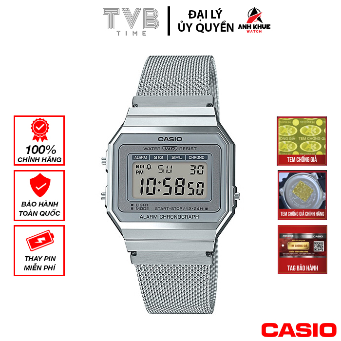 Đồng hồ unisex dây kim loại Casio chính hãng A700WM-7ADF (35mm)