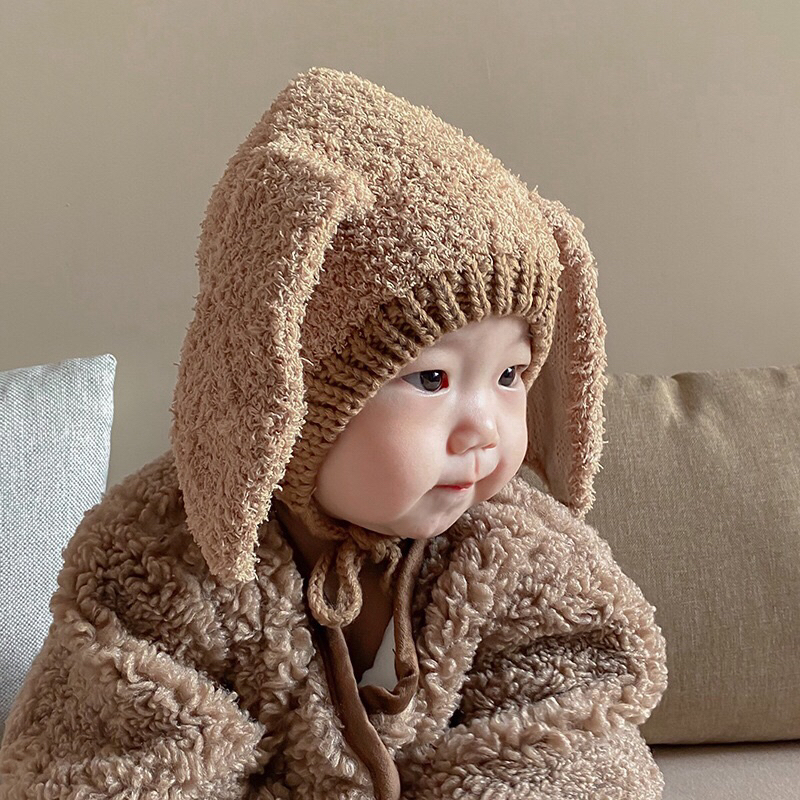 Mũ nón len bông xù tai thỏ dài đáng yêu cho bé 5m-3y
