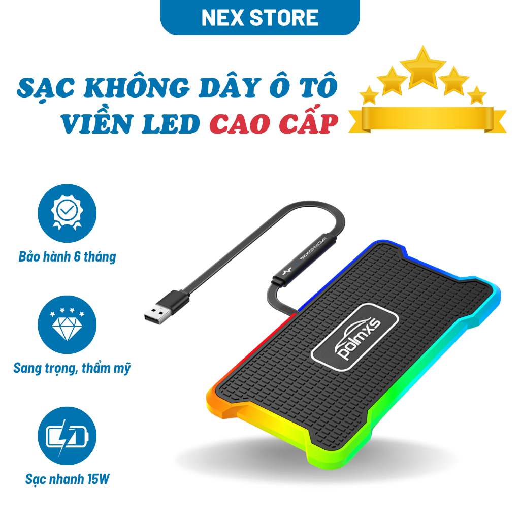 Sạc không dây Polmxs 15W C15 viền LED 8 màu cao cấp dành cho Ô tô, Văn phòng