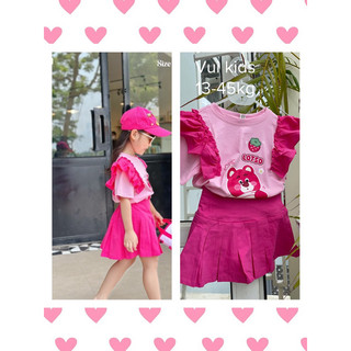  ❌❌XẢ 10 12KG❌❌ Set chân váy kaki xếp ly kèm áo cotton 4C gấu dâu Loso cho bé đi học đi chơi đi tiệc Sofia Candy 