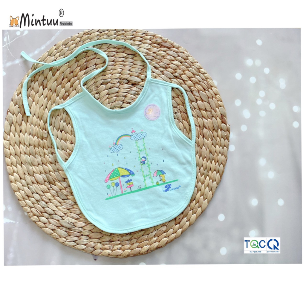 Yếm ăn dặm cho bé sơ sinh xỏ tay cột dây lót nilong, chất liệu vải 100% cotton, thương hiệu MINTUU