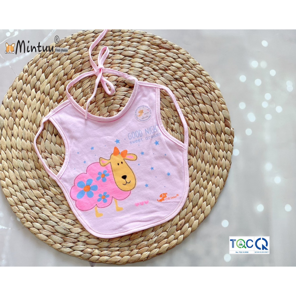 Yếm ăn dặm cho bé sơ sinh xỏ tay cột dây lót nilong, chất liệu vải 100% cotton, thương hiệu MINTUU
