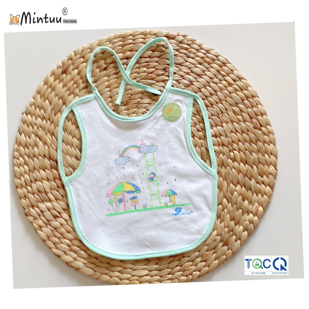 Yếm ăn dặm cho bé sơ sinh xỏ tay cột dây lót nilong, chất liệu vải 100% cotton, thương hiệu MINTUU