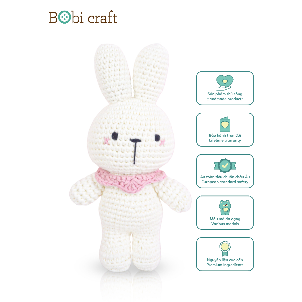 [Bảo hành trọn đời] Thú bông len Bobicraft - Thỏ trắng - Đồ chơi an toàn Quà tặng bé