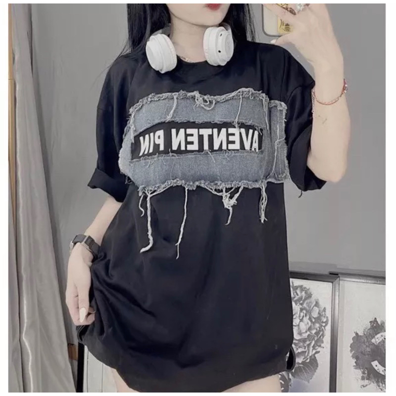 Áo thun nữ tay lỡ chất cotton khô 3158 in chữ AVENTEN phối  bò  phong cách Hàn Quốc
