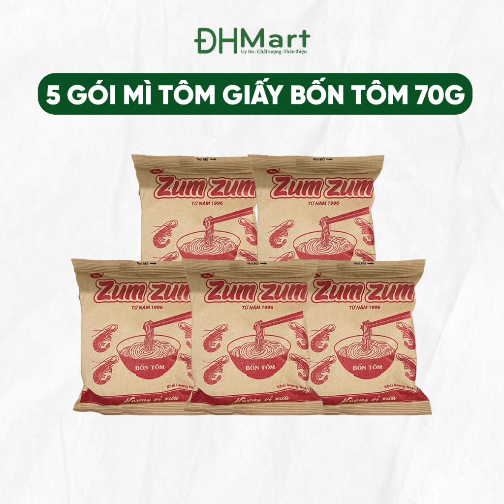 Túi 5 gói mì tôm giấy Bốn Tôm gói 70g hương bốn tôm ăn liền tiện lợi dùng được cho xào, nấu, lẩu