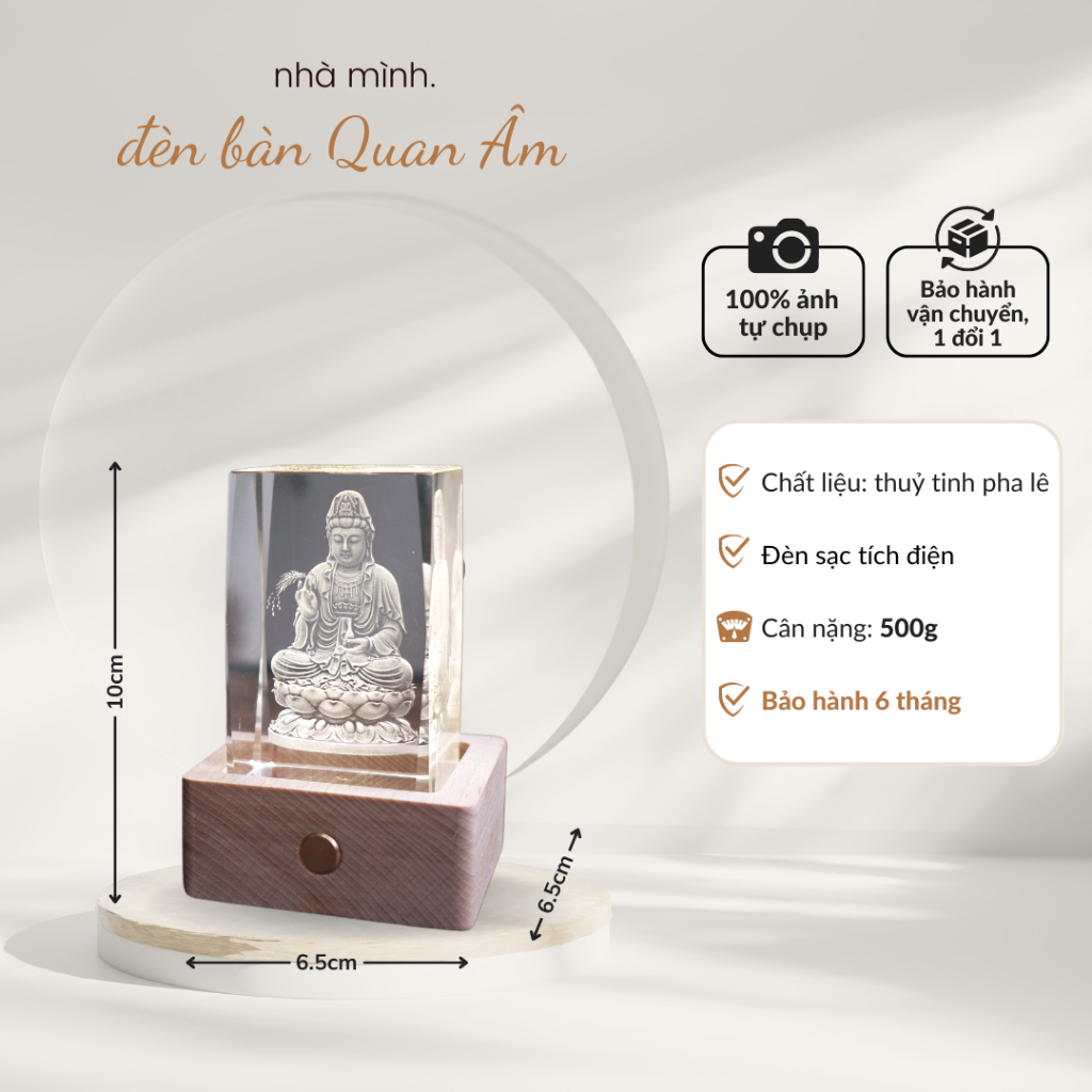 Đèn Pha Lê Không Dây Để Bàn Quan Âm Bồ Tát Phát Sáng, Đèn Bàn Quan Âm Để Bàn Làm Việc, Xe Ô Tô, Quà Tặng Phật Giáo