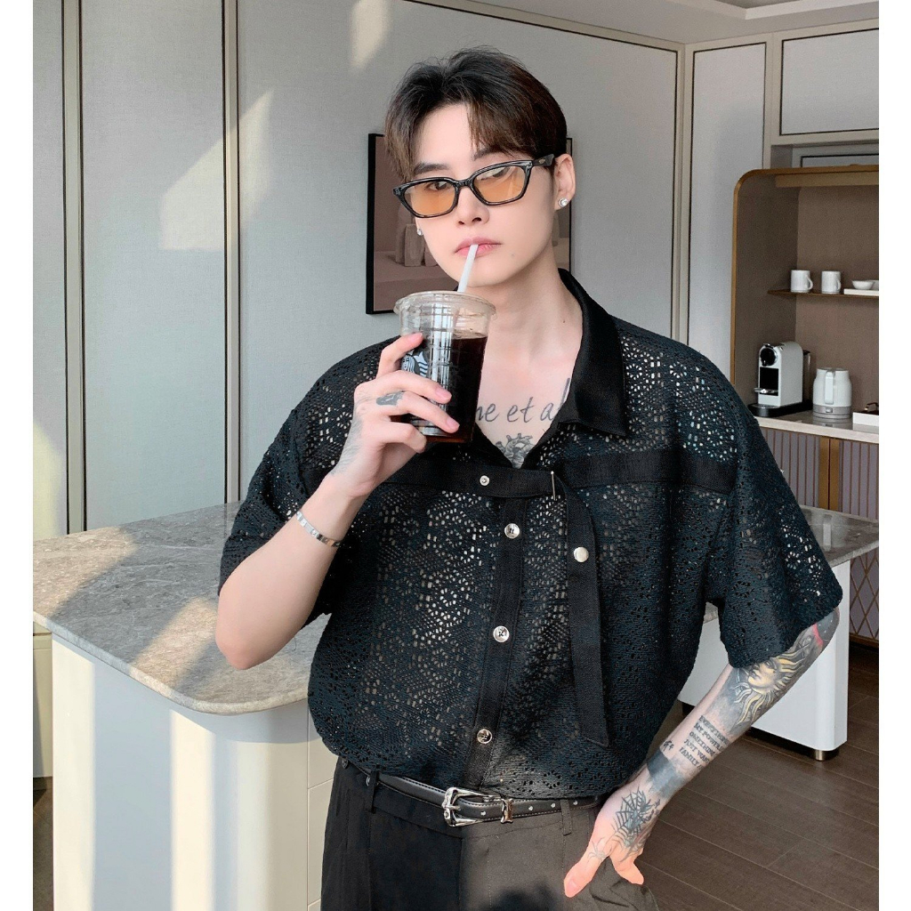 Sơ mi ren nam xuyên thấu sexy phối dây GEM