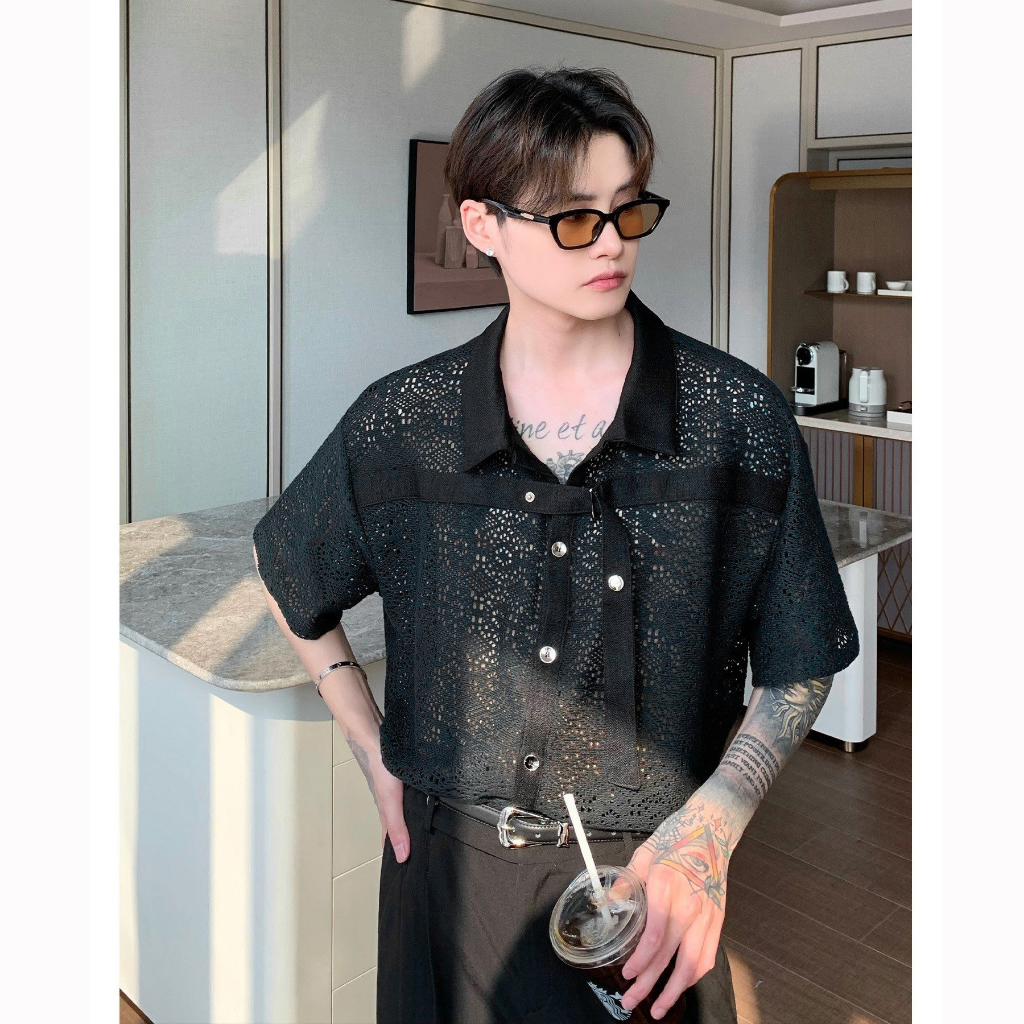 Sơ mi ren nam xuyên thấu sexy phối dây GEM