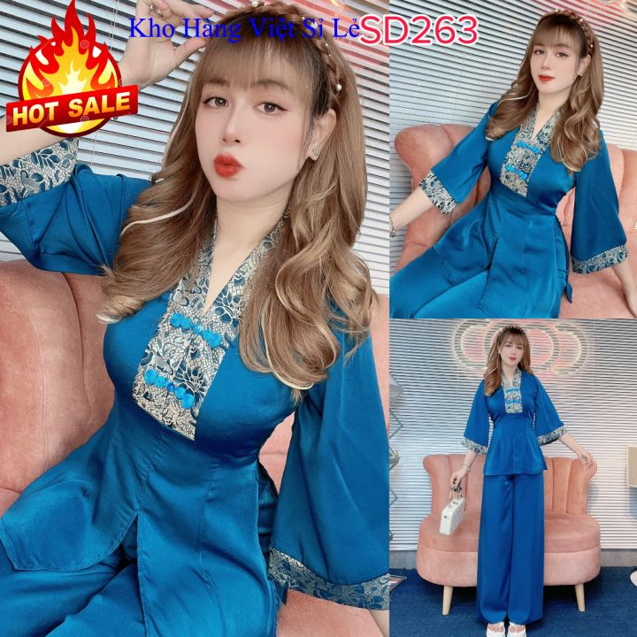 Đồ lam đi chùa nữ thêu hoa văn vải lụa mềm mịn mát - Pháp phục đi chùa - Áo bà ba mặc đi chơi du lịch size 45-60kg