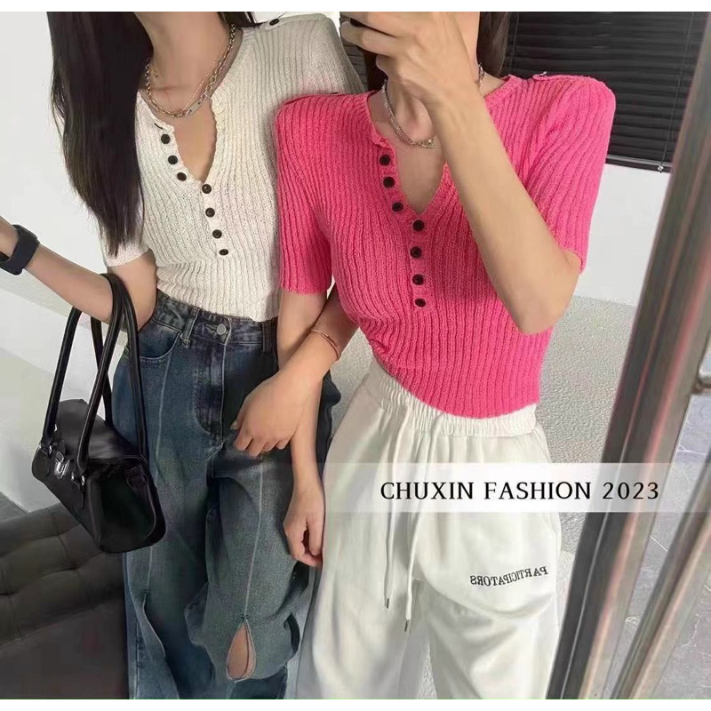 Áo len mỏng cổ cúc dáng ôm, Áo len ngắn tay cổ khuy AL7318 - NhiNhi Shop