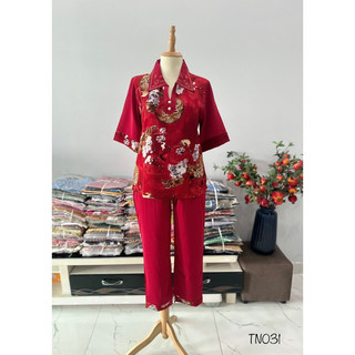 Bộ trung niên quần dài tay lỡ, bâu áo đính đá sang trọng, lụa mango, freesize dưới 60kg