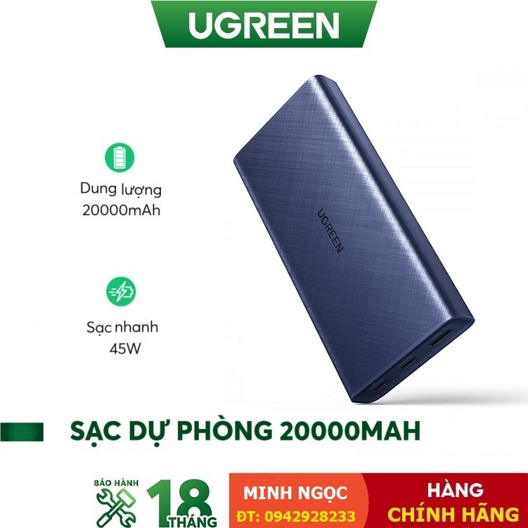 Sạc dự phòng 20000mAh chính hãng UGREEN 80304 Hỗ trợ sạc nhanh 45W cho điện thoại, máy tính bảng, Macbook