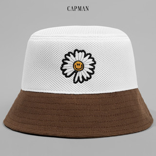 Mũ bucket vành cụp màu trắng nâu CAPMAN thêu hoa cúc CM06