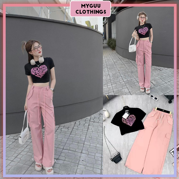 Set Đồ Nữ, Bộ Đồ Nữ Với Áo Thun Croptop Họa Tiết Trái Tim Mix Quần Suông Ống Rộng Có Cạp Chun Sành Điệu - HC45