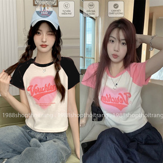 Áo Croptop Verichten Tim Hồng Phối Tay Ôm Body Cổ Tròn Chất Cotton Mịn Co Dãn TT276