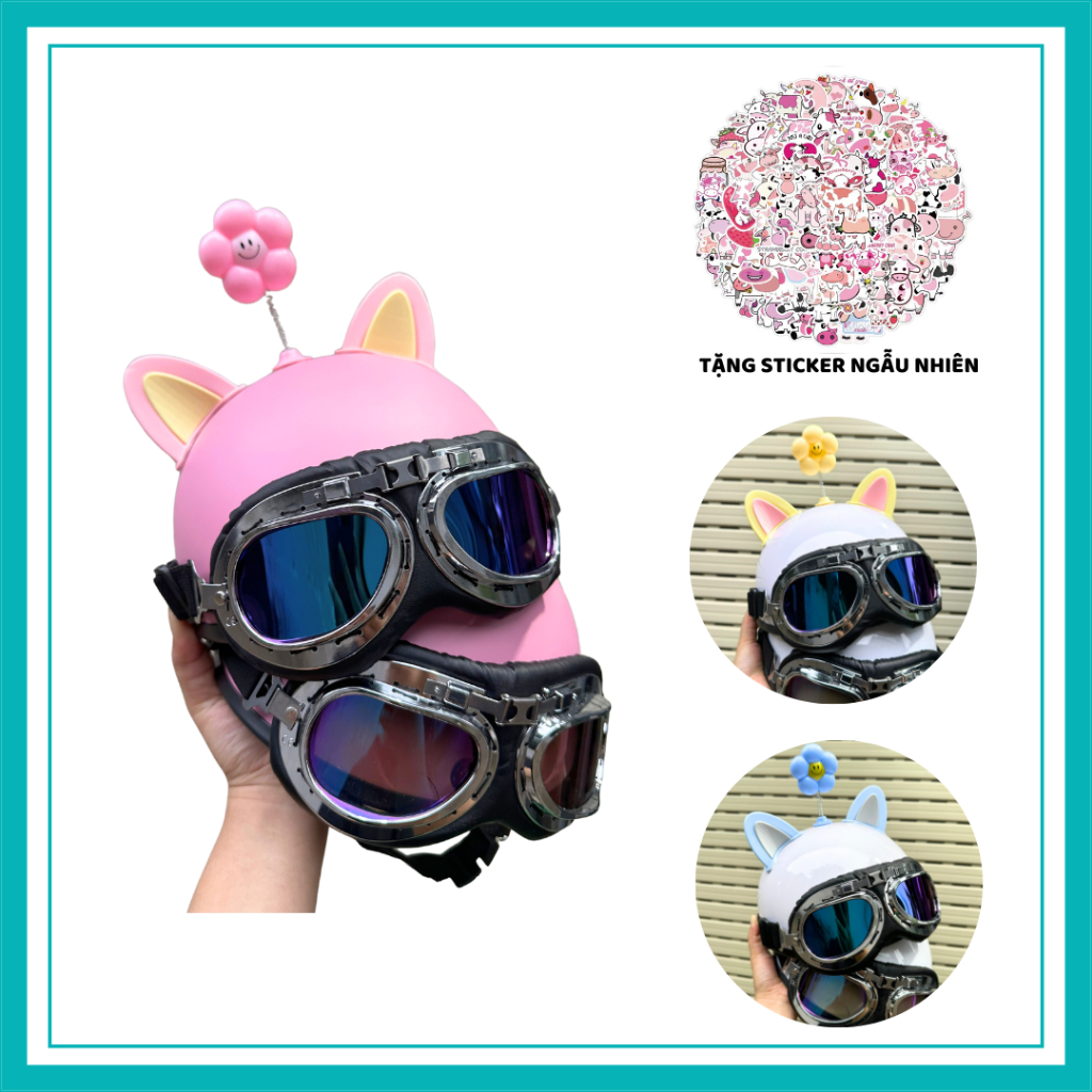 Nón Bảo Hiểm Nửa Đầu Kính Phi Công Kèm Phụ Kiện Bông Hoa Tai Mèo 2 Màu Dễ Thương BONBON