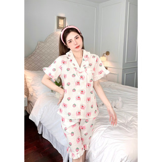 Bộ pijama mặc nhà set áo cộc quần ngố cổ bèo chất xốp gân freesize 40-58kg - CHUN'S SLEEPWEAR