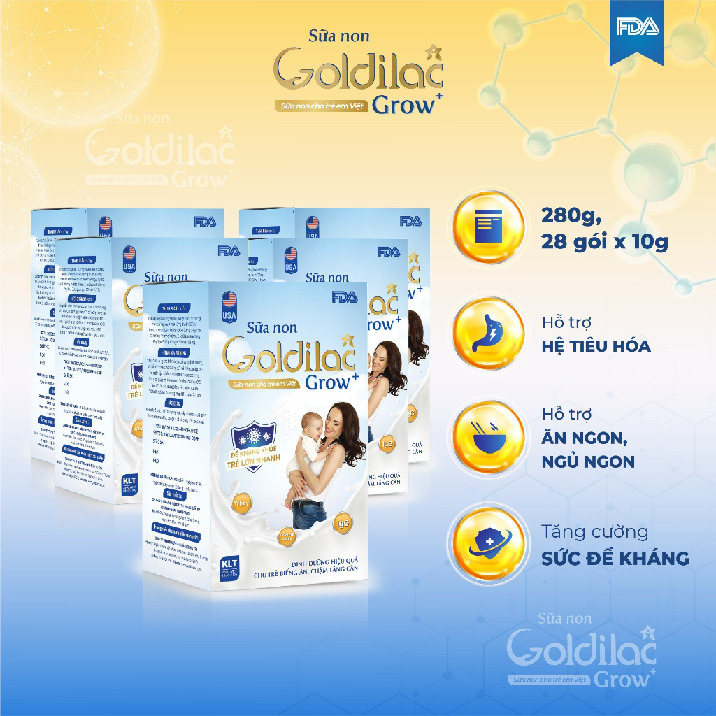 COMBO 5 Sữa Non GOLDILAC GROW 280G (28 gói x 10g) - Cải Thiện Hệ Tiêu Hóa, Tăng Đề Kháng, Tăng Cân Cho Bé Biếng ăn