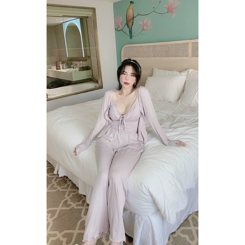 Bộ ngủ cao cấp 3 món thun cotton áo 2 dây có mút ngực