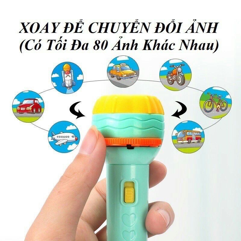 Đèn pin chiếu hình full 80 hình  động vật, giao thông, trái cây, đèn pin chiếu bóng nhiều chủ đề cho bé