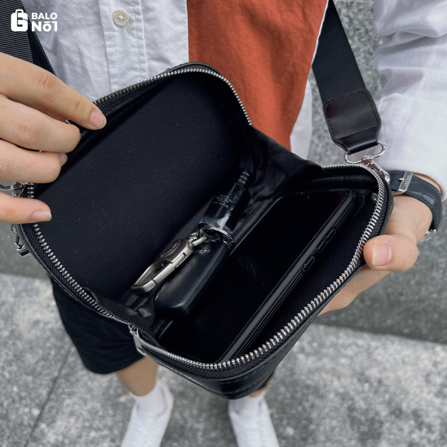 Túi Đeo Chéo Unisex Đen Trơn Kèm Túi Nhỏ