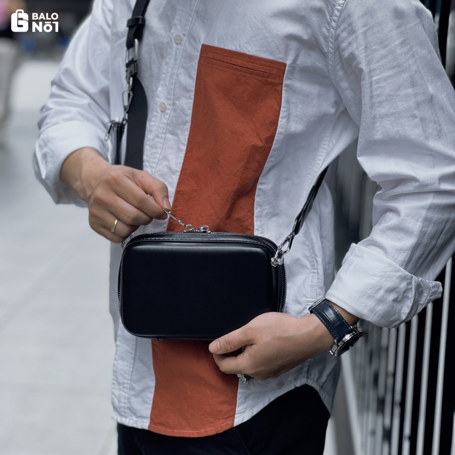 Túi Đeo Chéo Unisex Đen Trơn Kèm Túi Nhỏ
