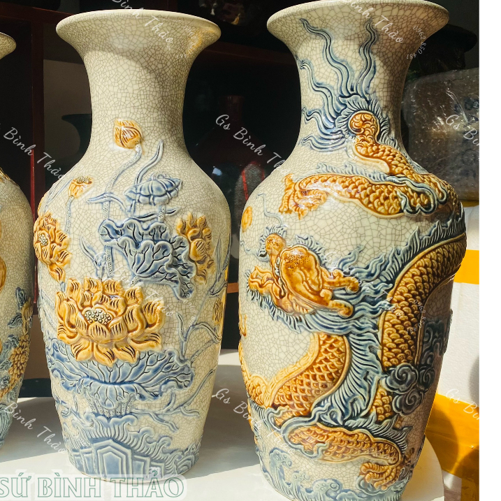 Đôi Lọ lộc bình rồng, công đào cao 47cm men rạn Bát Tràng - Lọ thờ Bát Tràng