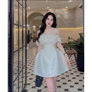 Đầm 2s tiểu thư đính hoa tay rớt vai