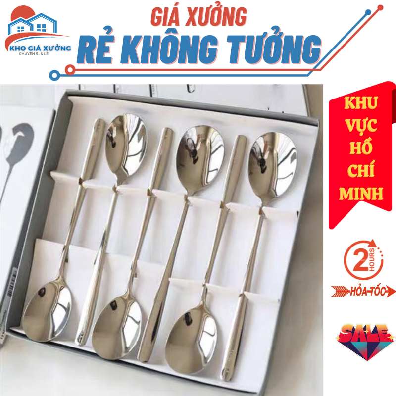 Bộ 6 muỗng inox ăn cơm cao cấp, set 6 thìa inox thiết kế bóng loáng, đẹp mắt, kèm hộp đựng sang trọng