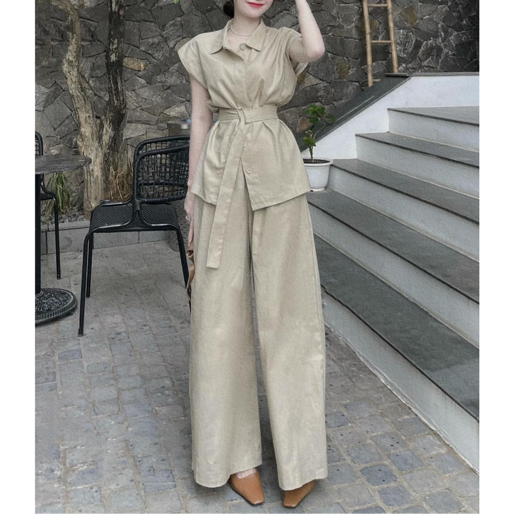 : Set Áo Sơ Mi Thắt Nơ Eo Mix Quần Xuông Dài