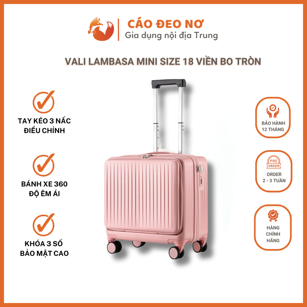 Vali Lambasa Khoá Kéo Size 18 Viền Bo Tròn Mẫu Mới Nhất, Có Ngăn Phụ Đựng Laptop, Ổ USB Sạc Điện Thoại - Cáo Đeo Nơ